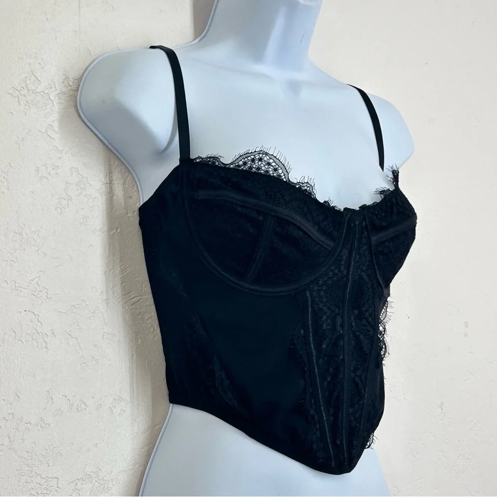 Ryan Destiny Whimsigoth Corset Top Black Size L Eyelash Lace Trim Mesh